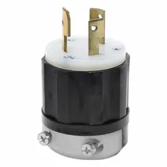 This LEVITON locking plug is a non-NEMA general-purpose plug rated for 125/250V AC at 30 A with 3 poles and 3 blades. It is designed for industrial and commercial applications requiring a secure locking connection to prevent accidental disconnection, such as for heavy-duty equipment, generators, and temporary power setups.