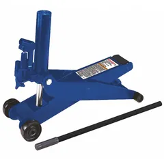 This manual-handle mechanical forklift jack has a 4-ton load capacity and a 3-inch minimum lift. Its steel body provides structural support for lifting and positioning forklifts during maintenance tasks such as tire changes or undercarriage access.
