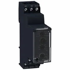 DIN-rail mounted time delay relay with off-delay function. Operates on 12 to 240V AC/DC input voltage and features a DC contact rating of 8 A at 12V. Equipped with 4 pins/terminals. Suitable for industrial control applications requiring programmed delay before switching a load, such as motor control, conveyor systems, and HVAC sequencing.