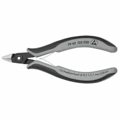 ESD-safe flush-cut pliers with pointed jaws for precision cutting of wires and small components in static-sensitive environments. Overall length 5 in, jaw length 1/2 in, jaw width 1/2 in. Flush cutting edge leaves a clean, flat cut.