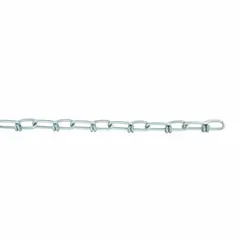 Double loop chain for light-duty lifting, pulling, and securing loads. Steel construction with 2 1/4 in inside link length and 365 lb working load limit. Suitable for tie-downs, hoisting, and general rigging tasks.