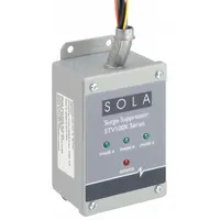 Three-phase surge protection device with metal enclosure for external mounting via chase nipple. Rated for 480V AC Delta systems with a maximum continuing operating voltage of 575/640 V AC and a voltage protection rating of 2000V (L-G, L-L). Used to protect electrical equipment from voltage transients in industrial and commercial power distribution