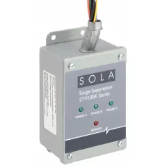 Three-phase surge protection device with metal enclosure for external mounting via chase nipple. Rated for 480V AC Delta systems with a maximum continuing operating voltage of 575/640 V AC and a voltage protection rating of 2000V (L-G, L-L). Used to protect electrical equipment from voltage transients in industrial and commercial power distribution.