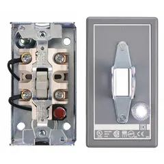Enclosed manual motor switch rated 30 A, 2-pole, with NEMA 1 painted steel enclosure. Features a red pilot light for 115V AC indication. Surface mount design for local on/off control of motors in industrial applications such as conveyors, pumps, and fans. Maximum voltage rating 230V DC.