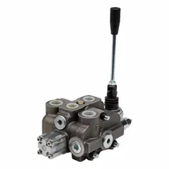 This stack valve working section is a four-way, three-position directional control valve with manual actuation and detent spool action. It has a maximum flow rate of 13 gpm, with #8 SAE O-Ring Boss work connections and a #10 pressure connection. Suitable for use in hydraulic systems requiring manual control and position holding.