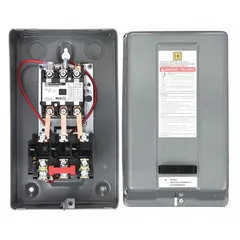 Enclosed non-reversing magnetic motor starter with thermal overloads, rated 30 A, 3 poles, and 480V AC coil. Requires three thermal units (not included) for overload protection. Suitable for starting and protecting single-speed motors in HVAC, pumping, and light industrial applications.