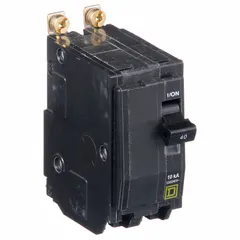 The SQUARE D QOB240 is a 40 A, 2-pole bolt-on miniature circuit breaker from the QOB Series. It is rated for 120/240V AC single-phase systems with a maximum interrupting rating of 10kA at 120/240V AC. Designed for use in Square D NQOD panelboards, this breaker provides overcurrent protection in commercial and industrial power distribution applications.