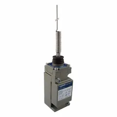 Metallic-body plug-in limit switch with wobble-stick actuator and spring wire-extension. Features screw clamp terminals and two mounting holes. Zinc body construction. Used for position sensing in industrial automation, such as detecting object presence or motion on conveyors and machine tools.