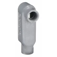 Iron LB - 90° elbow type conduit outlet body with 1 1/4 in trade size and 128.8 cu in body capacity. Powder coated finish. Threaded IMC connections and stainless steel screws. Used as a pull point or junction in conduit systems for routing wiring around obstacles and enabling cable pulling or maintenance access.