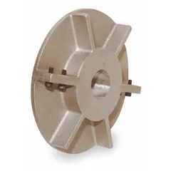 This heat slinger is made of aluminum with an aluminum-plated finish. It has an outside diameter of 8 inches and a bore diameter of 1 15/16 inches. Designed for use with model 3C540, it is used in industrial heating equipment to dissipate heat from rotating shafts, helping to protect bearings in high-temperature environments.