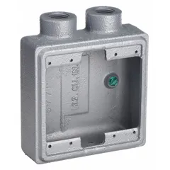 This Appleton Electric iron weatherproof electrical box is designed for housing and protecting electrical connections in outdoor or wet locations. It features a rectangular 2-gang configuration with a 1/2-inch hub and 32-cubic-inch capacity, finished in gray. Suitable for industrial environments requiring durable, corrosion-resistant enclosures.