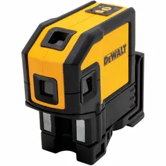 Red beam laser level projects one line and four dots for alignment and layout tasks. Electronic self-leveling with ±1/8 in accuracy. Range of 100 to 200 ft without detector. Powered by alkaline batteries.