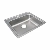 This one-bowl counter-mounted sink is designed for drop-in installation in kitchen or bar countertops. It has an overall width of 19-1/2 inches, overall length of 22 inches, and a bowl depth of 4 inches. The sink is finished in silver/gray and does not include a faucet