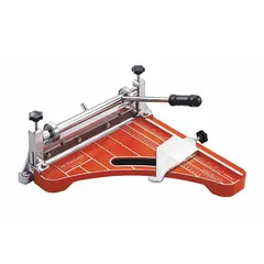 Tile cutter with 12-inch straight and diagonal cutting capacity. Constructed with steel body and includes three rubber stop components. Designed for cutting vinyl tiles in flooring installation and renovation applications.