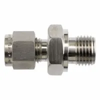 Stainless steel single-ferrule compression fitting, clean and bagged. Straight configuration with 1/4 in OD tube size and 1/4 in pipe thread. Compatible with Parker CPI fitting brands. Used to connect tubing to threaded ports in fluid systems