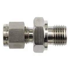 Stainless steel single-ferrule compression fitting, clean and bagged. Straight configuration with 1/4 in OD tube size and 1/4 in pipe thread. Compatible with Parker CPI fitting brands. Used to connect tubing to threaded ports in fluid systems.