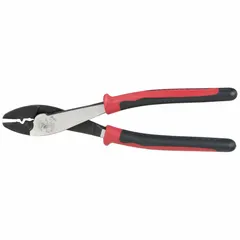 This pliers-style crimper is designed for non-insulated terminals and connectors, accommodating wire sizes from 10 AWG to 22 AWG. Constructed with steel, it has an overall length of 9 3/4 inches. Typical applications include electrical, automotive, and industrial wiring tasks requiring secure crimped connections.