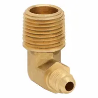 Brass 45-degree flare tube elbow with flared/threaded ends. Connects 1/4 in OD tubing to 1/2 in male pipe thread. Meets SAE J513 standards for use in hydraulic, pneumatic, and lubrication systems requiring leak-resistant flare connections