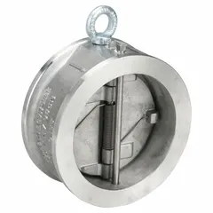 This SSI double-door wafer check valve features a 6-inch pipe size and a CF8M stainless steel seat material. Its wafer-style inline body allows compact installation between flanges. It is used to prevent backflow in piping systems, protecting pumps and equipment in water, wastewater, and industrial process applications.