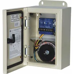 Power supply board with steel enclosure, 115V AC input, delivering 24Vac at 15A max. Includes 3PTC 1Fuse configuration. Suitable for powering security, access control, and industrial automation equipment requiring regulated AC output.