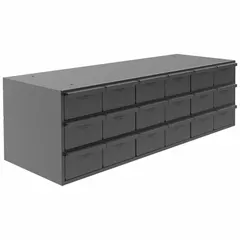 This assembled steel cabinet features 18 gray powder-coated drawers with inside dimensions of 5-15/32 in x 11-1/4 in x 3-3/16 in. Includes dividers for organizing small parts, fasteners, or tools. The stackable design allows modular expansion in workshops or assembly areas.