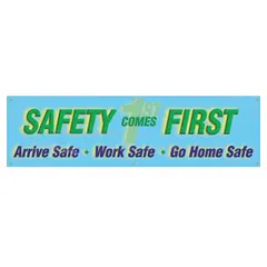 Indoor/outdoor banner printed on one side with a safety message. Made of poly sheeting, measuring 28 in x 96 in. Suitable for use in industrial facilities to promote workplace safety awareness.