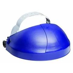 This 3M crown is a blue plastic headgear with ratchet suspension adjustment and band attachment type. It is designed for use with stand-alone face shields in industrial environments requiring head and face protection.