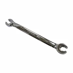 Alloy steel flare nut wrench with polished finish. Double-end, 6-point design for secure grip on flare nuts. Head sizes 9 mm and 11 mm, overall length 6 inches. Used for tightening or loosening flare nuts on brake, fuel, and hydraulic lines.