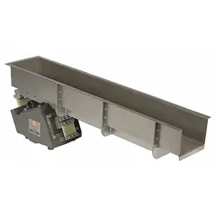 Vibratory feeder with a feed rate of 10,000 lb/hr, 36 in trough length, 6 in trough width, and 6 7/8 in discharge height. Used for metering and conveying bulk materials in processing and production lines.
