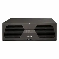 Network IP video recorder supporting up to 128 camera inputs. Features HDMI/VGA output, 6MP resolution, H.265 compression, and 768 mbps network interface. Records in analytics mode and exports video via USB flash drive. Suitable for centralized recording and monitoring in large-scale surveillance systems.
