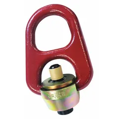 This pivot and rotate hoist ring is designed for lifting operations in material handling and rigging. Constructed of steel with a red powder-coated bail, it features a 1"-8 thread size and a maximum load capacity of 10,000 lb. The swivel design allows the bail to align with the load direction, reducing side-load stress on the threaded connection.