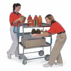 This open stainless steel utility cart from LAKESIDE features three shelves and a silver finish. It is equipped with two swivel casters for maneuverability. Suitable for transporting supplies and equipment in commercial kitchens, warehouses, and industrial settings.
