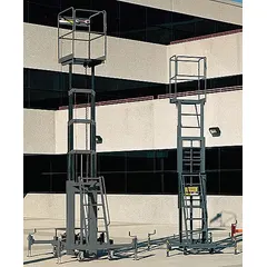 Manual push-around vertical lift with a 28 ft elevated platform height and 28 in x 36 in platform. Includes outriggers for stability. Suitable for indoor maintenance, installation, and warehousing tasks requiring elevated access.