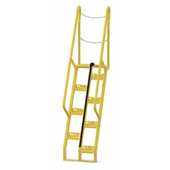 Yellow steel alternating-tread stairs with 8 perforated steps. 350 lb load capacity. Space-saving design for access to elevated platforms, mezzanines, and equipment in industrial facilities.