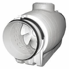 General purpose inline duct fan for 8-inch ducts, delivering up to 530 cfm. Single-speed, standard-efficiency motor rated at 122 W, 120V AC, 1 phase. Thermoplastic housing with IP44 rating. Speed controllable. Includes mounting bracket. Suitable for ventilation systems requiring moderate airflow.