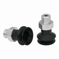 This bellows-type vacuum pad assembly is designed for handling delicate components in automated pick-and-place systems. It features a G1/8 in connection, 21 mm pad diameter, 21.2 mm pad height, NBR material with 55 A durometer, and black color. The 1.5 folds provide gentle gripping for small, sensitive parts.