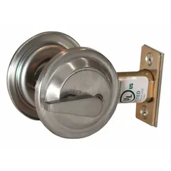 This standard cylindrical deadbolt is designed for doors up to 1 3/4 in thick and features a satin chromium-plated finish. It is ADA compliant and has no keyway, making it suitable for applications where keyless operation is required. Commonly used in commercial or institutional settings for securing interior or exterior doors.