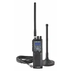 Portable two-way radio operating in the 26 to 27 MHz CB band with a built-in antenna. Designed for license-free short-range voice communication in settings such as construction sites, warehouses, and field operations.