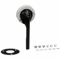 Handle assembly accessory for PowerPact H and J circuit breakers. Includes a 6-inch black handle. Supports 3 poles. Used for manual operation of circuit breakers in power distribution and motor control applications.
