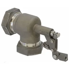 Angle-style float valve body for water level control in tanks and reservoirs. Designed for horizontal piping with adjustable arm, female IPS connections on both sides, and 3/8"-16 rod thread. Flow rate 180 gpm at 85 psi. Supplied without float and rod.