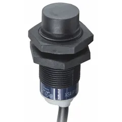 Inductive cylindrical proximity sensor with non-terminated cable, unshielded, and normally closed (NC) output. Operates on 12-24V DC supply. Suitable for non-contact detection of metal objects in industrial automation applications such as position sensing and part presence verification.