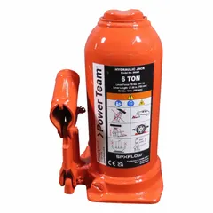 Mechanical bottle jack with 6 ton load capacity and 12 in max lift. Steel body with 8 1/2 in minimum height. Used for lifting heavy loads in maintenance, fabrication, and plant operations where confined spaces require a compact jack.