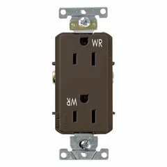 General purpose duplex receptacle rated 125V AC, 15A, with NEMA 5-15 configuration. Brown thermoplastic body, 2-pole/3-wire grounding design. Suitable for standard branch circuit outlets in residential and commercial AC power distribution.
