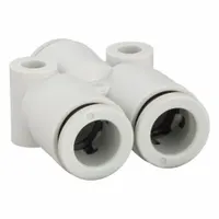 Polybutylene terephthalate push-fit wye fitting in white for 8 mm OD tubing. Enables three-way branching in pneumatic systems without tools. Suitable for air distribution in automation and material handling applications