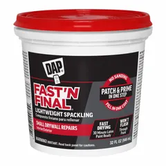 DAP Fast 'N Final Spackling Paste is a white, ready-to-use compound for filling small holes, cracks, and imperfections in drywall, plaster, and painted surfaces. It dries quickly and sands easily, making it suitable for interior patching jobs. Supplied in a 32 oz pail.