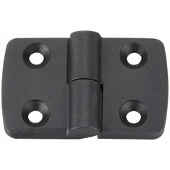 This left-hand captive lift-off hinge is made of black polyamide and designed for use with 8 mm slot width structural framing systems. It features a 6.6 mm mounting hole and is part of the 40 Series. The lift-off operation allows quick panel removal for maintenance or cleaning in industrial enclosures and machine guarding applications.