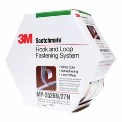 White hook-and-loop roll with nylon construction. Overall width of 1 inch and length of 14 11/16 feet. Suitable for bundling cables, securing panels, and organizing tools in industrial, electrical, and maintenance settings.