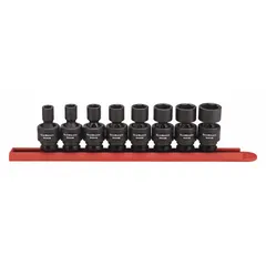 This 8-piece SAE impact socket set features 3/8 in drive and 6-point sockets ranging from 5/16 in to 3/4 in. The friction ball retention design secures sockets to the ratchet. Suitable for heavy-duty fastening tasks in automotive repair and industrial maintenance.