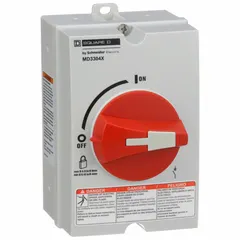Non-fusible disconnect switch rated 30 A, 600V AC, three-phase. Features a red handle, non-metallic housing, and includes a neutral assembly. UL listed for indoor/outdoor use. Suitable for isolating electrical circuits in industrial and commercial applications.