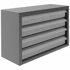 Assembled steel drawer cabinet with 20 clear steel drawers and 40 dividers for organizing small parts. Each drawer interior measures 2-3/16 x 5-1/2 x 1-7/8 inches. Powder-coated gray finish. Suitable for workshops, garages, and industrial storage of fasteners, fittings, and components.